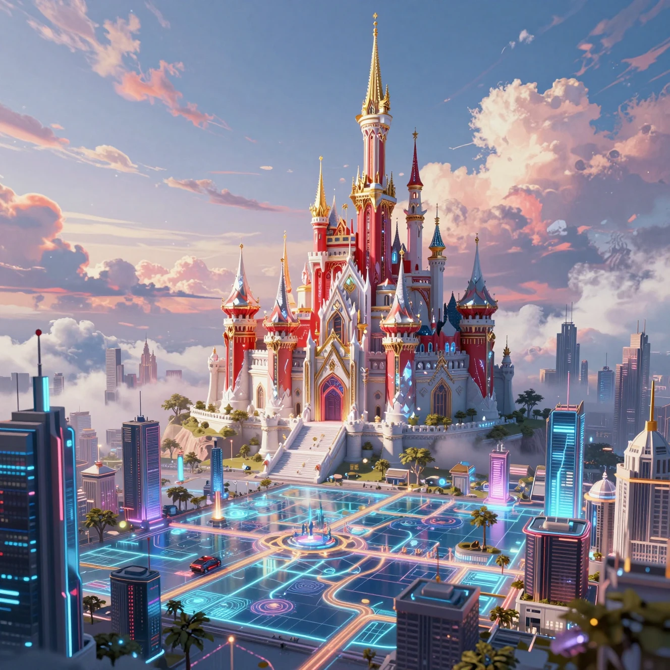 Cidade cyberpunk futurista surgindo de um mapa digital brilhante