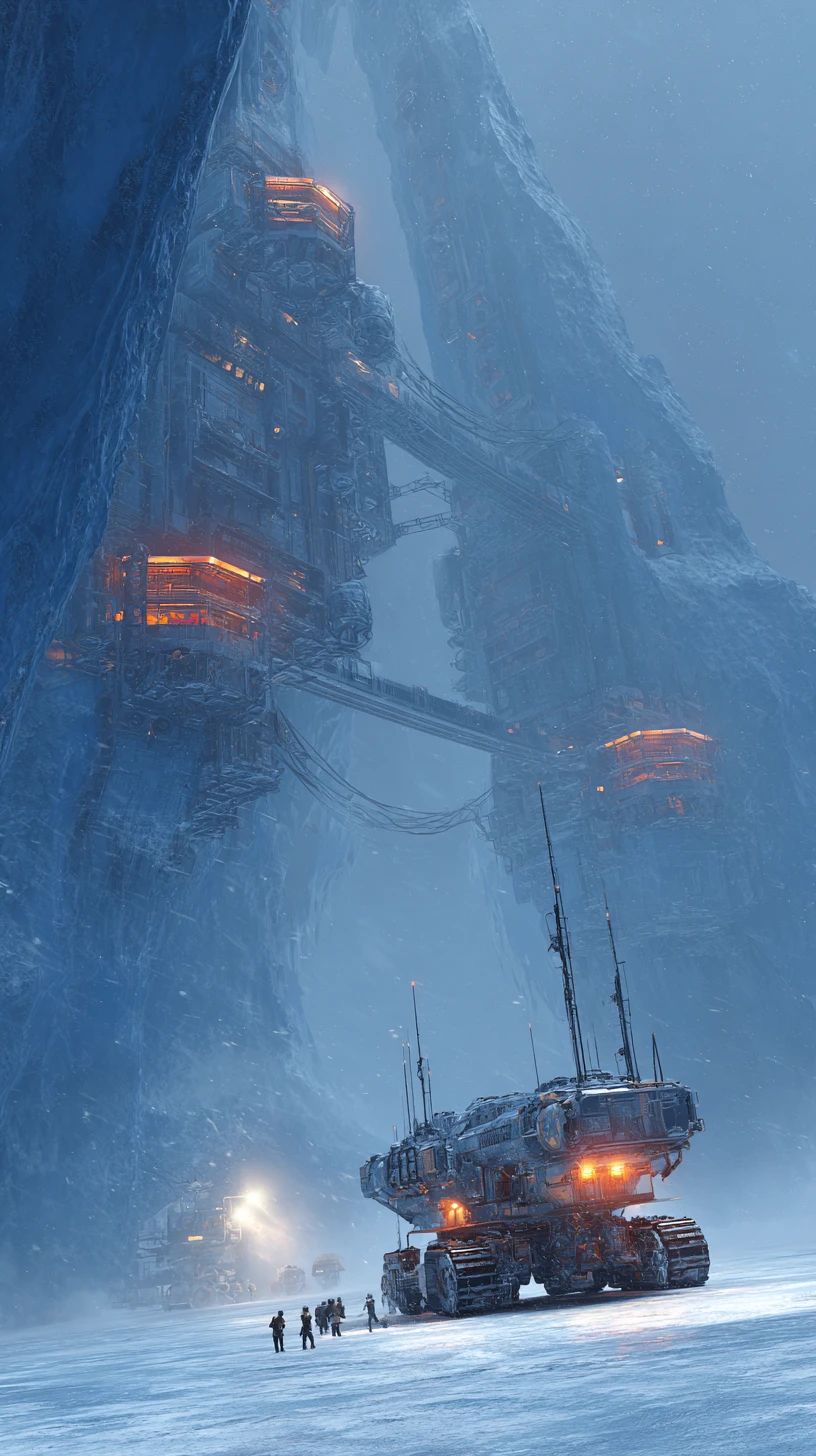 Torri di ricerca futuristiche scolpite in una colossale parete di ghiacciaio blu