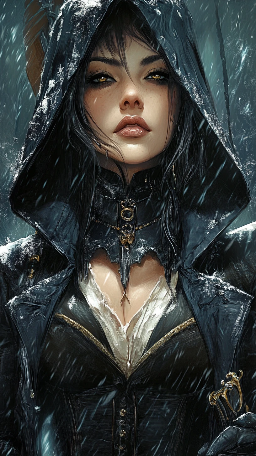 Le Petit Chaperon rouge vampire dans une rue steampunk brumeuse