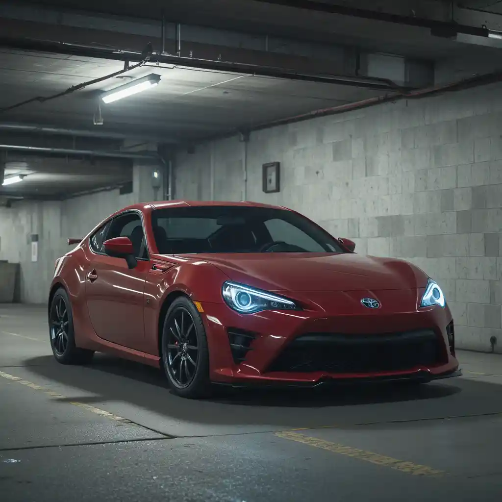 Auto sportiva rossa parcheggiata in un buio garage sotterraneo