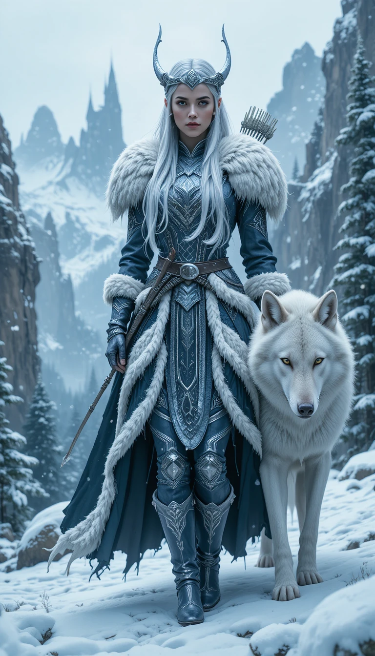 Winter huntress goddess with white wolf in snowy cliffs