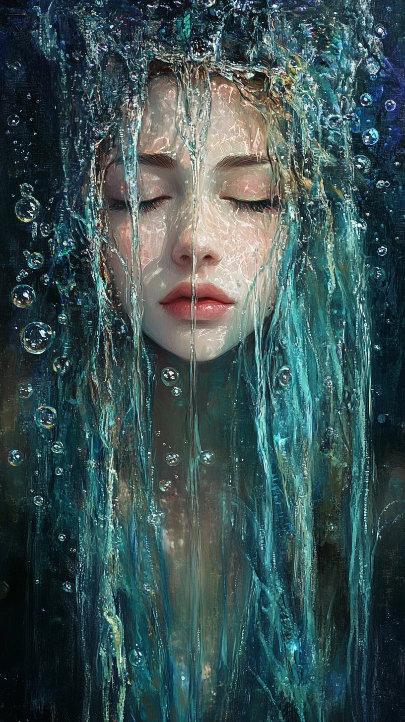 Fantasy woman with flowing water hair in dark underwater portrait