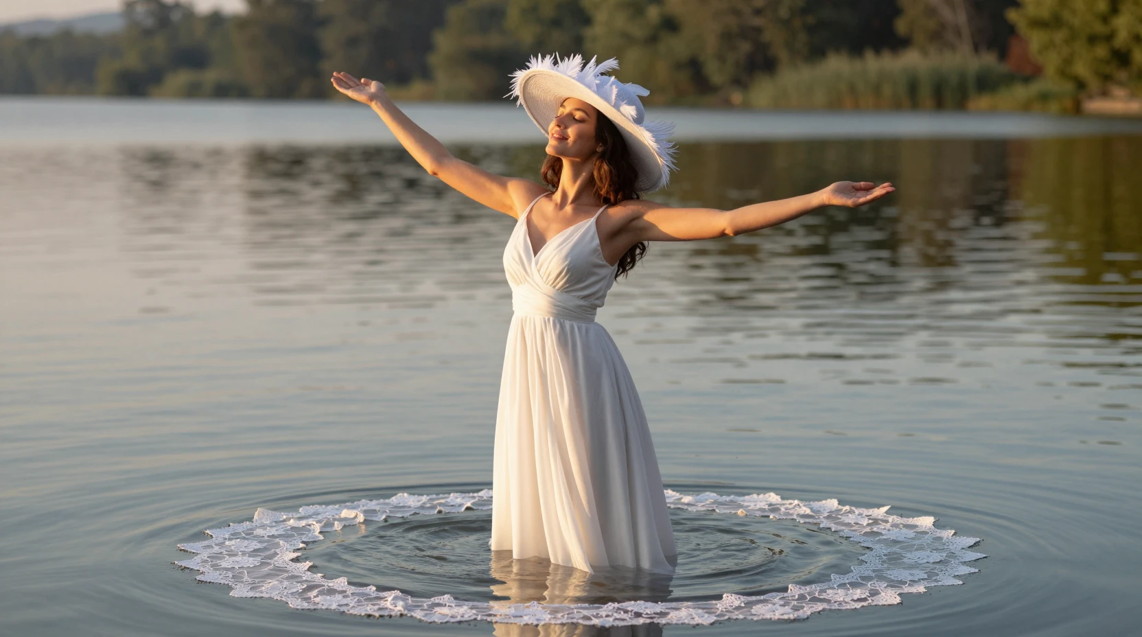 Mulher de vestido branco em um lago sereno ao pôr do sol