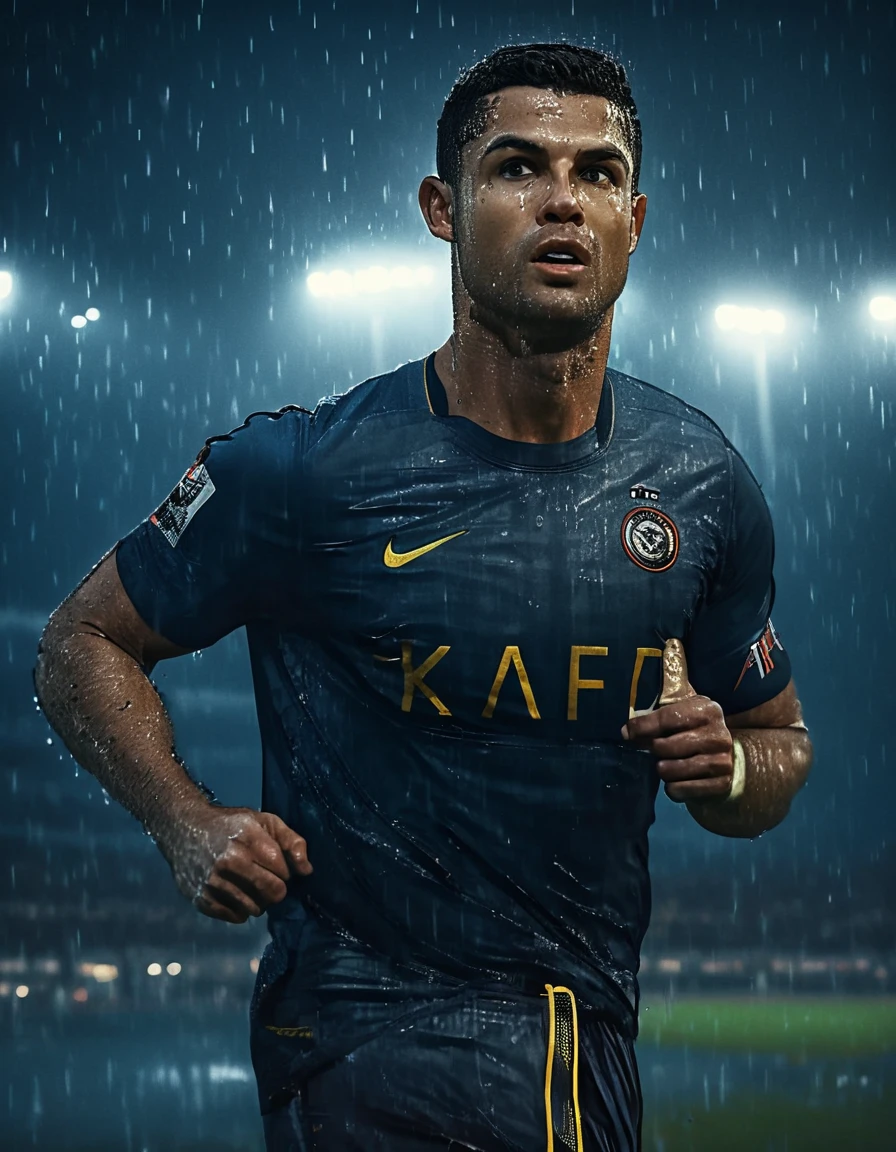 夜の雨の中で一人トレーニングする決意のサッカー選手