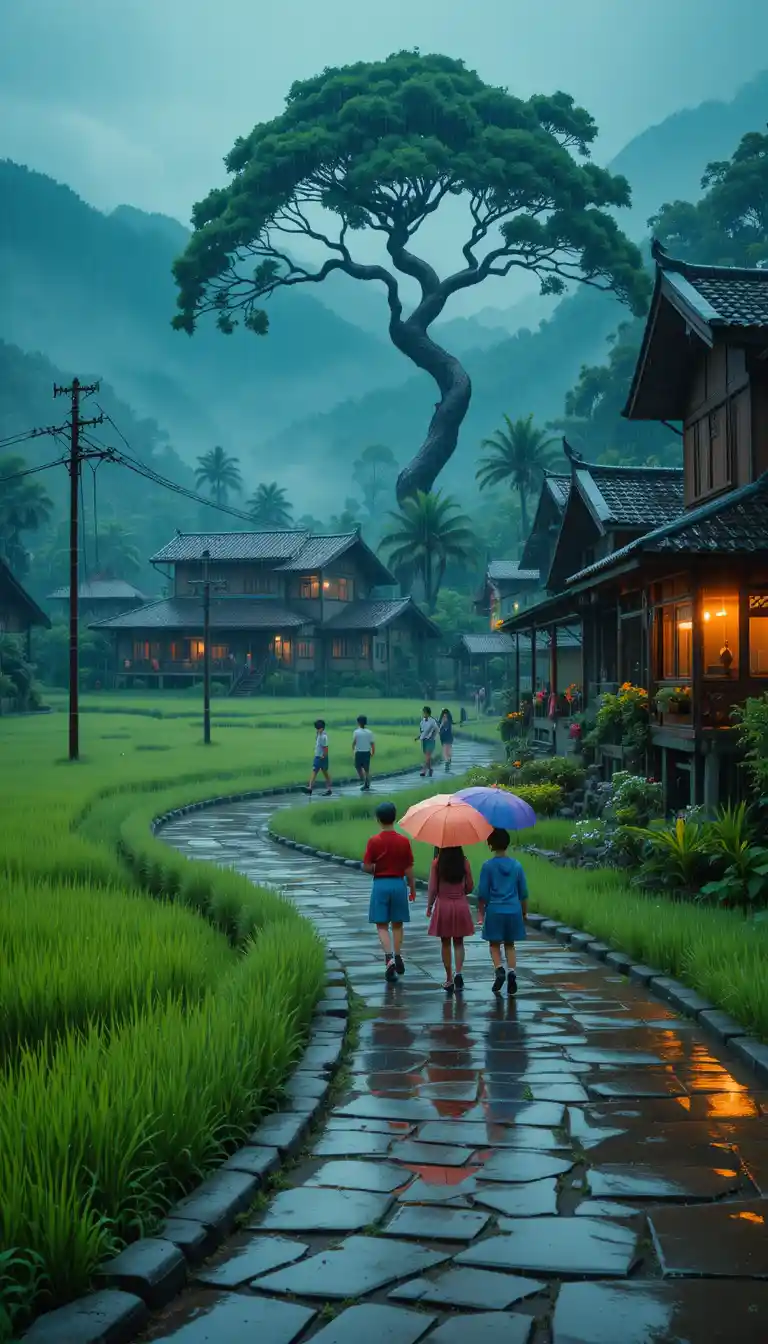 撐著雨傘走過雨中村莊的學童