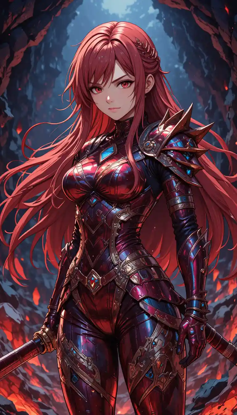 Guerriera anime in armatura rossa in una grotta di cristalli luminosi