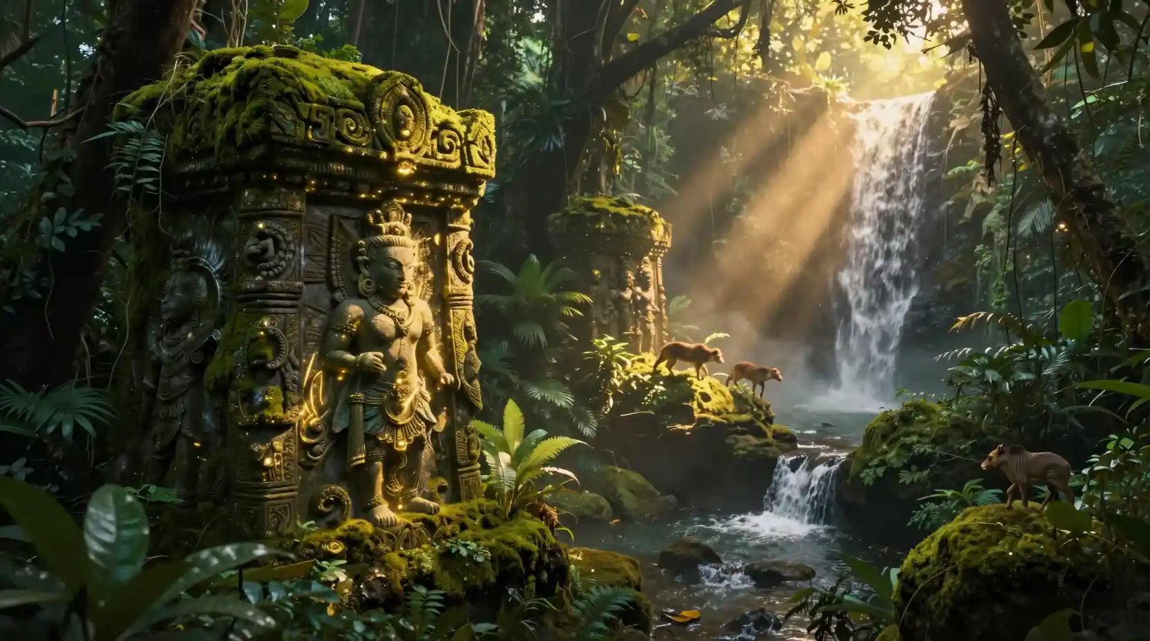 Ancient Jungle Ruins Bathed In Golden Sunlight Beams