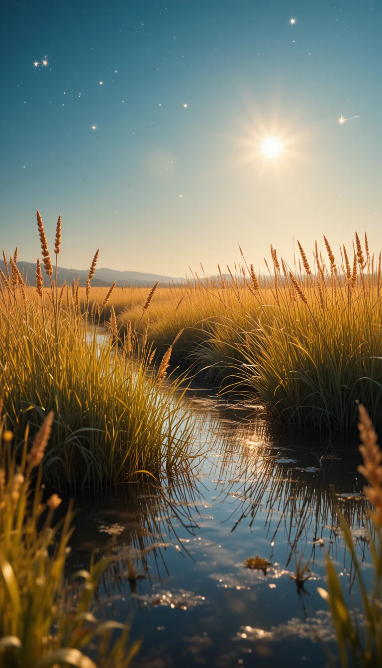 Champ doré d’herbes hautes au-dessus d’une eau peu profonde et réfléchissante