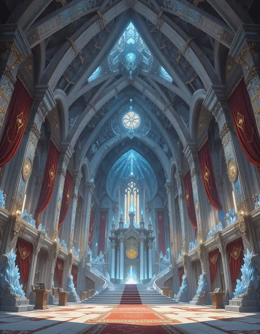 Grand fantasy magic school hall with glowing crystal decor