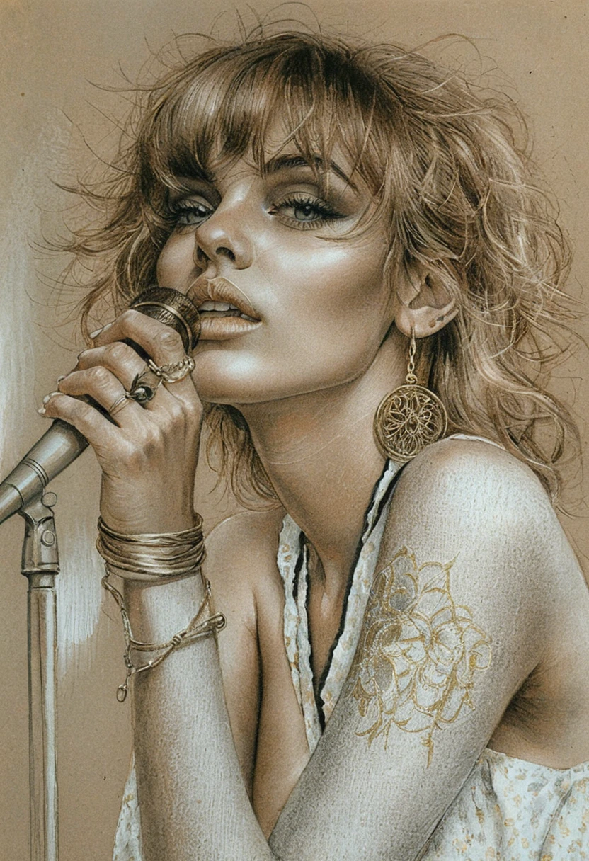 Graphite portrait of a blonde singer with vintage microphone