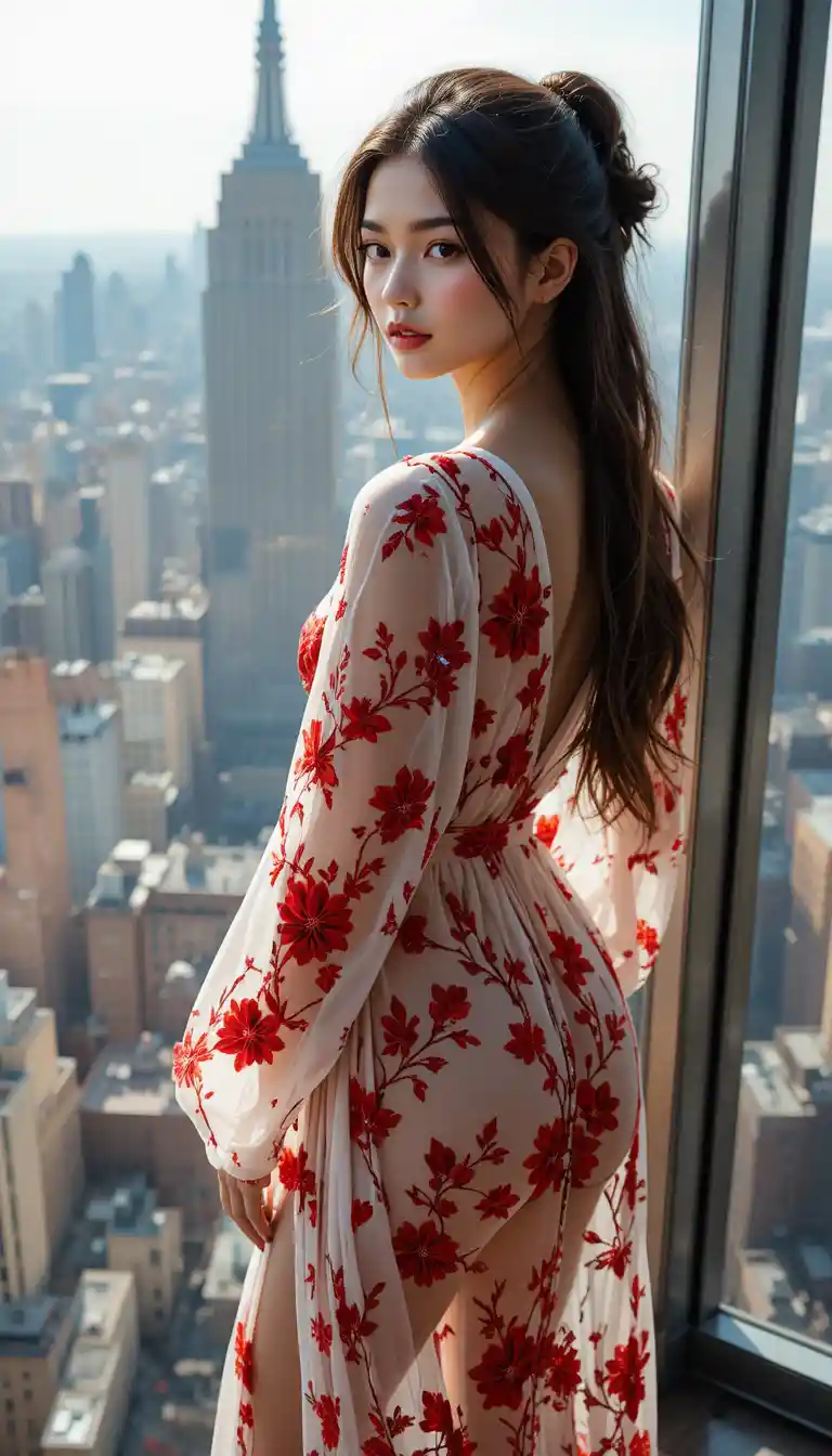 Young woman on glass deck above New York cityscape