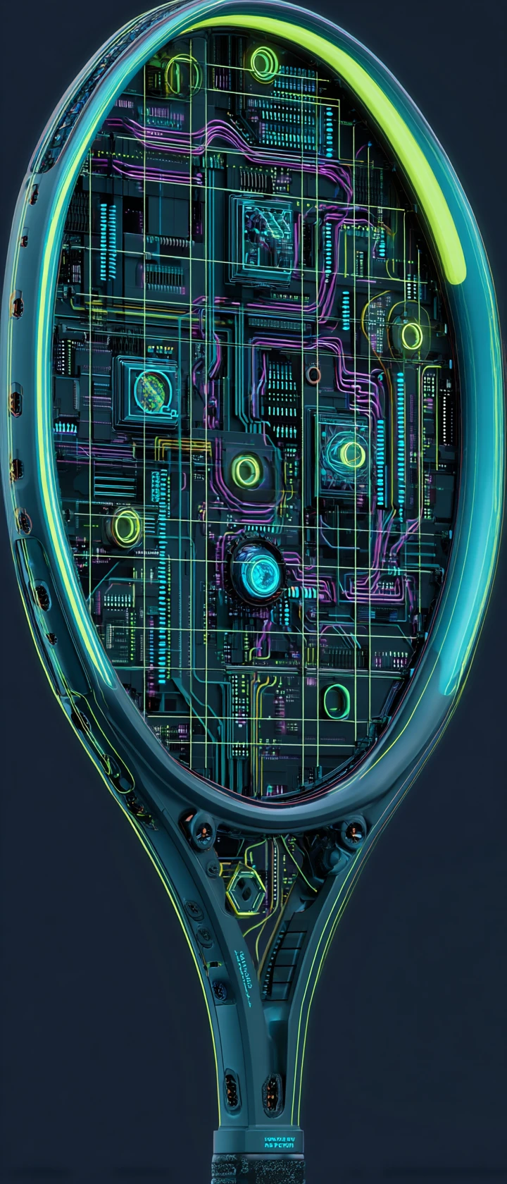 Blueprint cyberpunk di un design di racchetta da badminton al neon