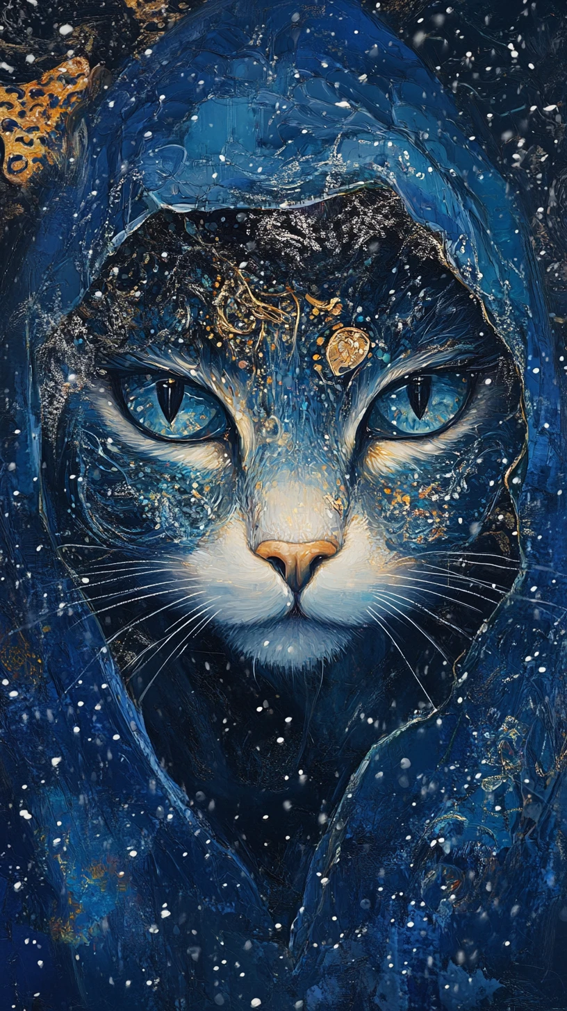 Gros plan d’une femme chat en manteau bleu sous la neige