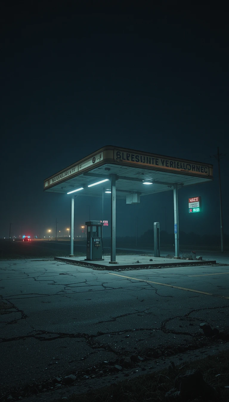 Solitaria gasolinera rural de noche en una carretera con niebla