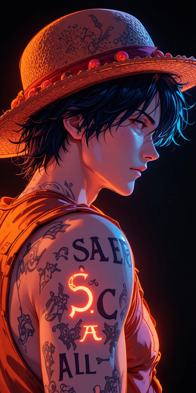 Retrato em perfil anime de um homem sardento com chapéu laranja