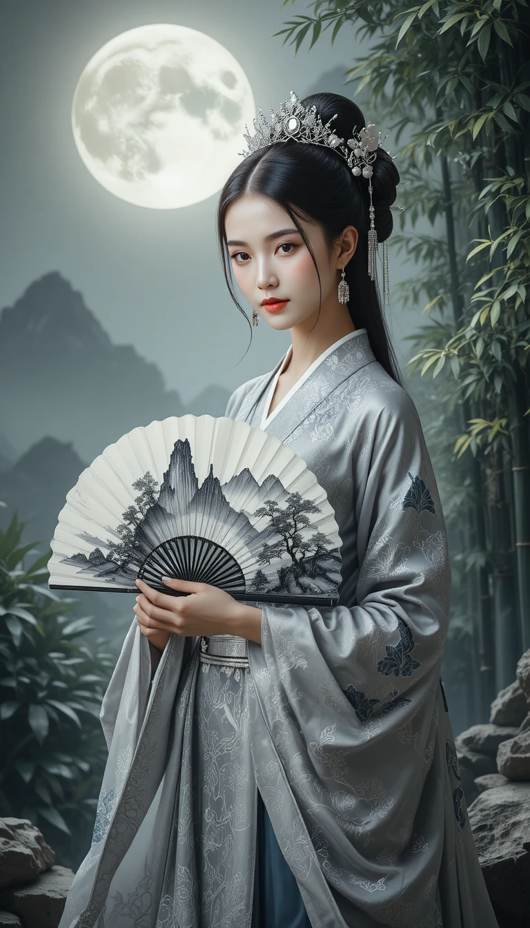 Elegant woman with ink painted fan under full moon