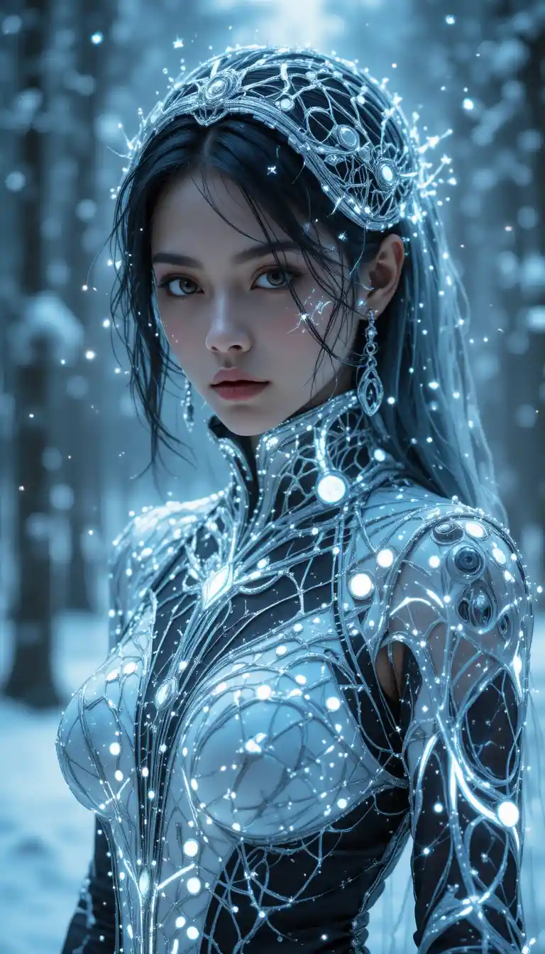 Radiant woman in glowing fashion in a snowy forest