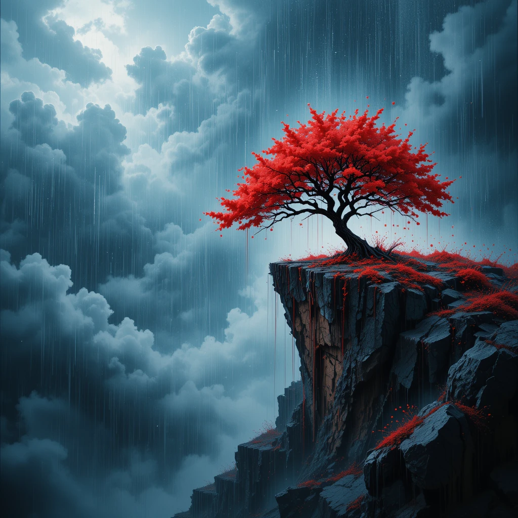 暴風豪雨中緊抓峭壁的紅色樹木