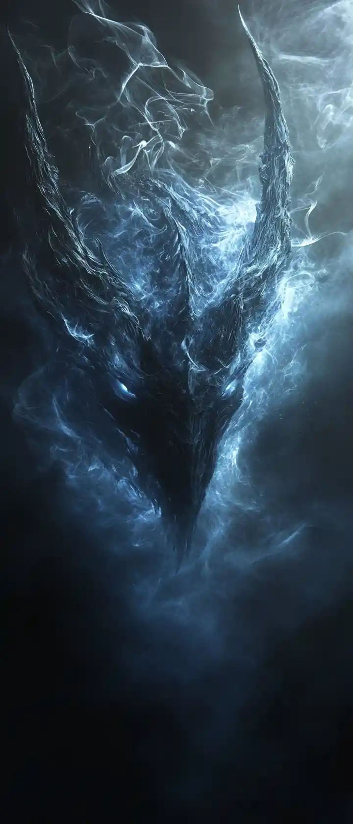 Moonlit dragon head emerging from swirling luminous mist