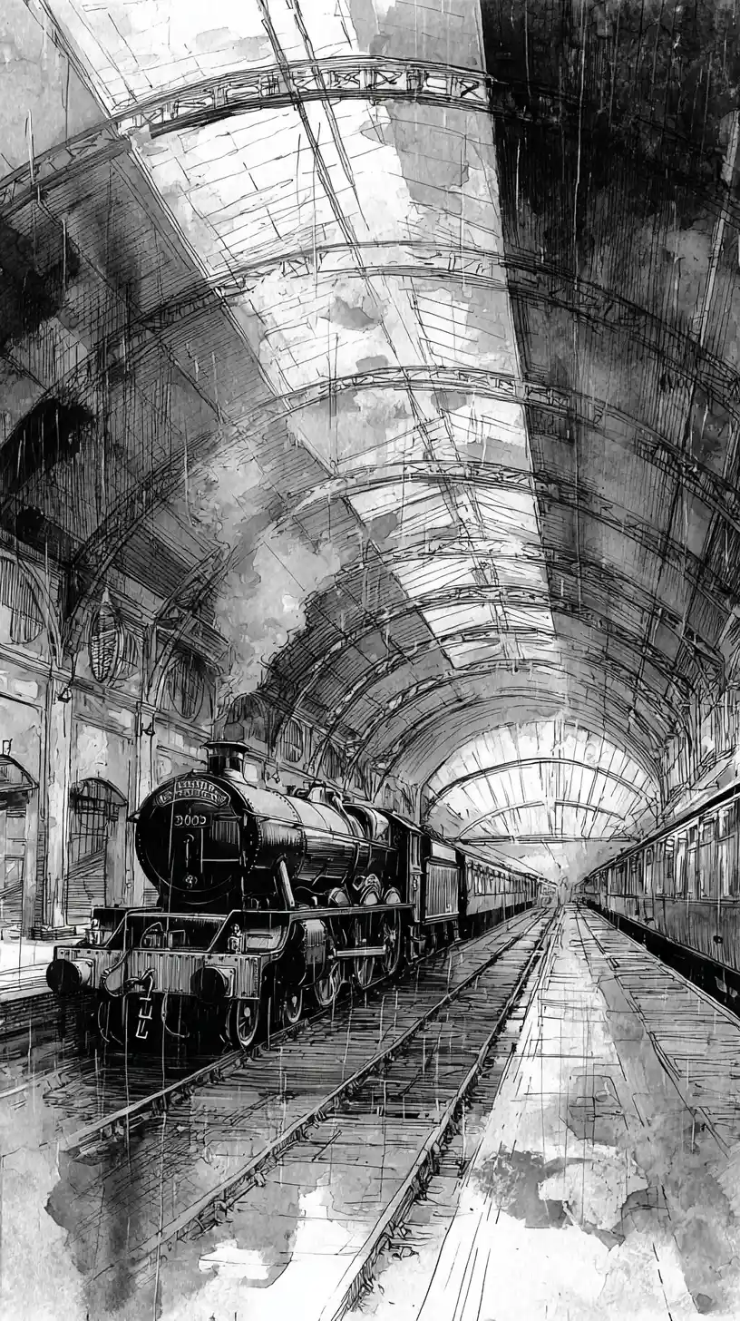 Vintage steam train in vast arched railway station hall