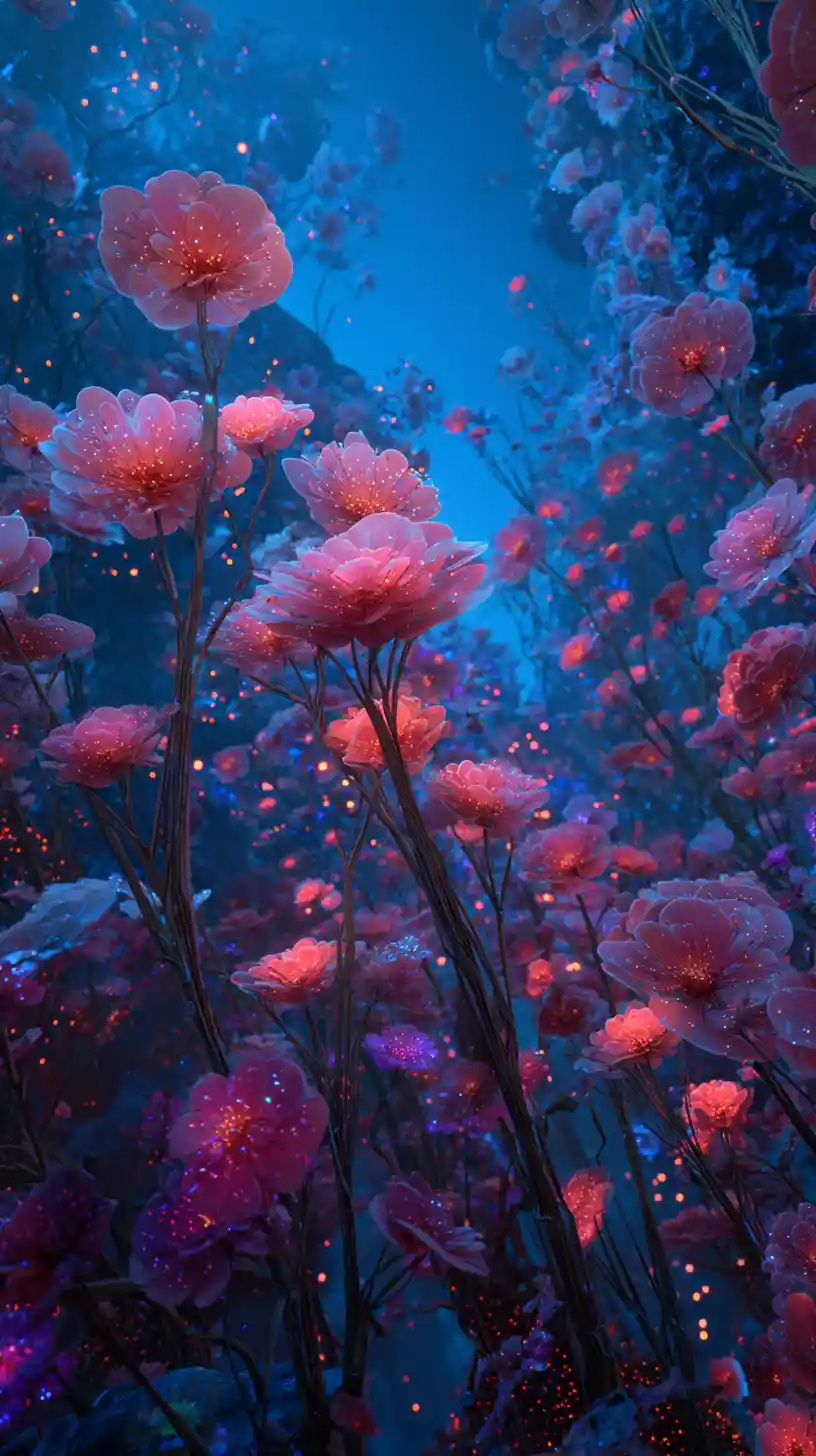 Flora robótica infinita bajo un cielo cósmico resplandeciente