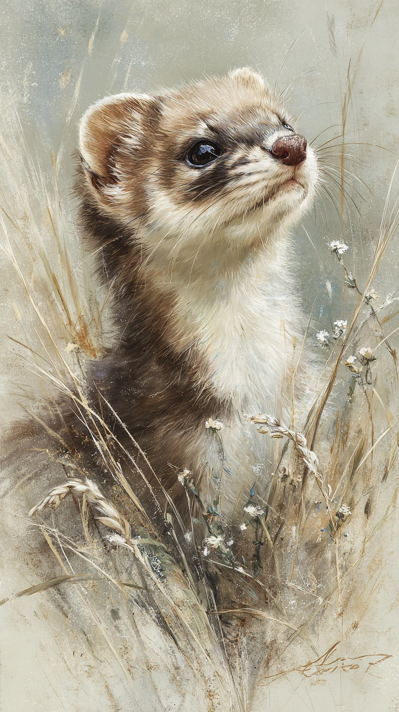 Fluffy weasel portrait in a serene watercolor field scene