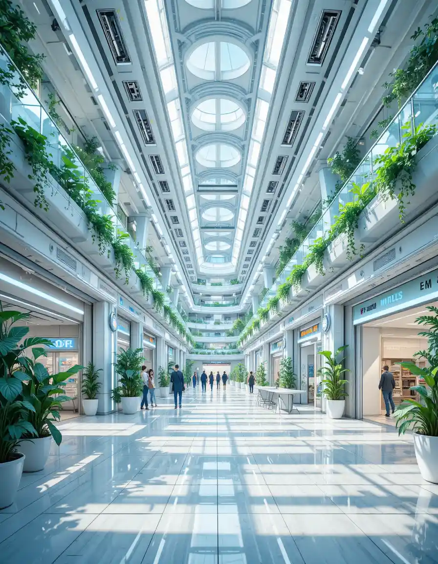 Corridoio futuristico di centro commerciale in stile anime con verde e luce