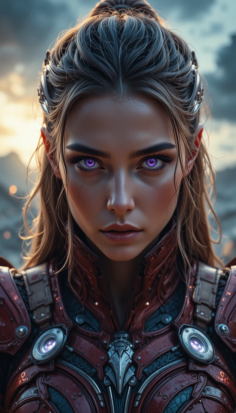 Futuristic warrior woman in red viking armor close up