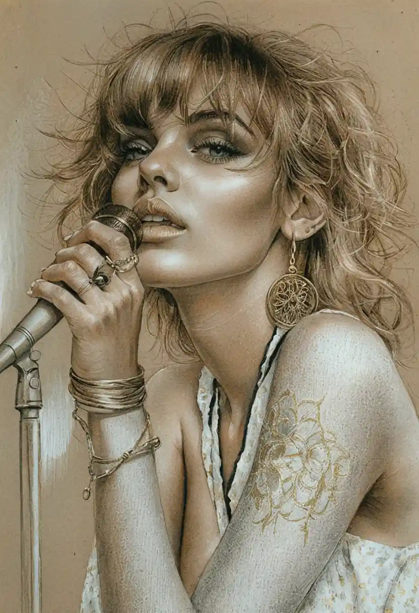 Graphite portrait of a blonde singer with vintage microphone