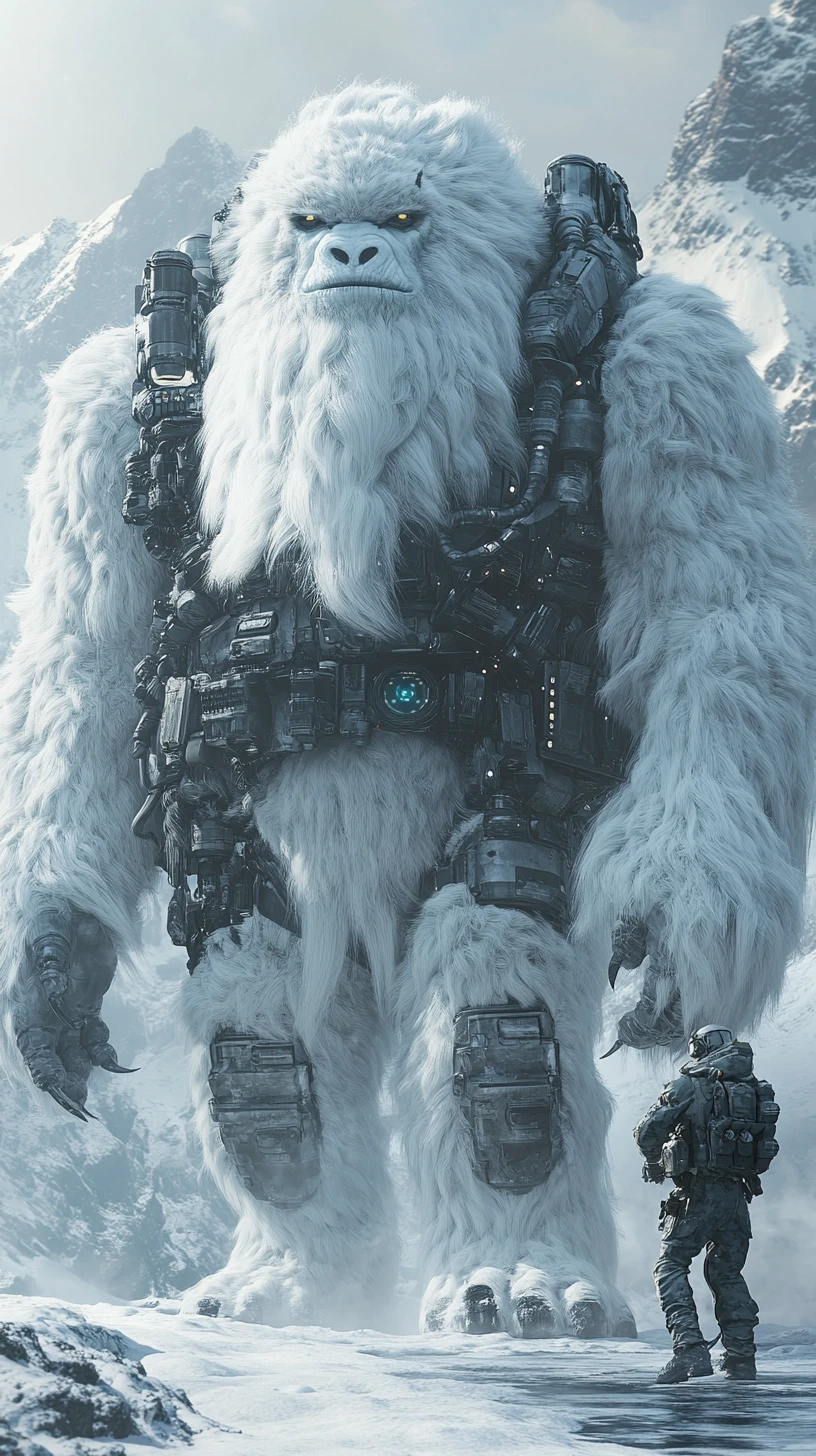 Yeti corazzato cyber e soldato in un passo di montagna innevato
