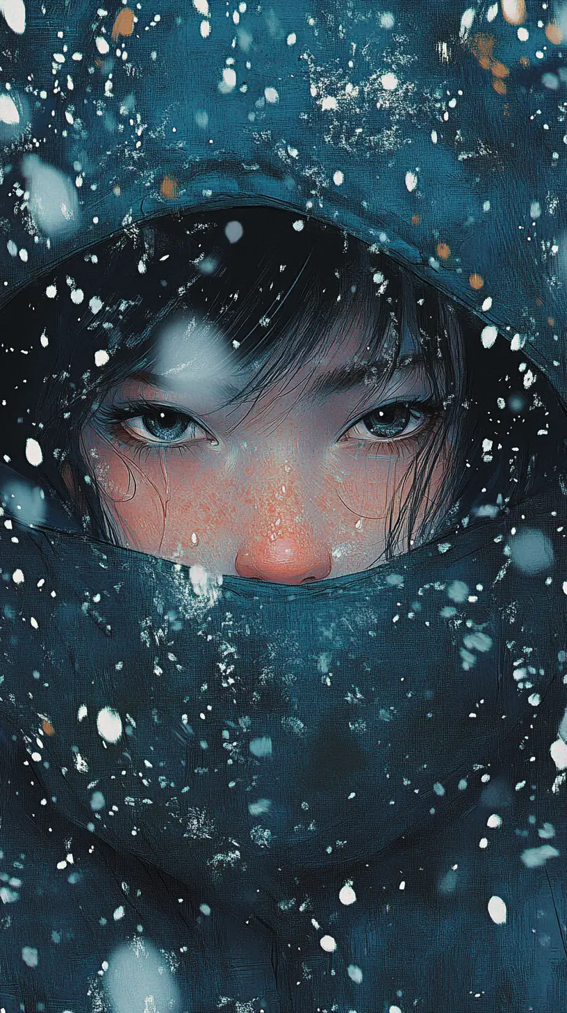 Dame chat en imperméable bleu sous une forte neige mystique