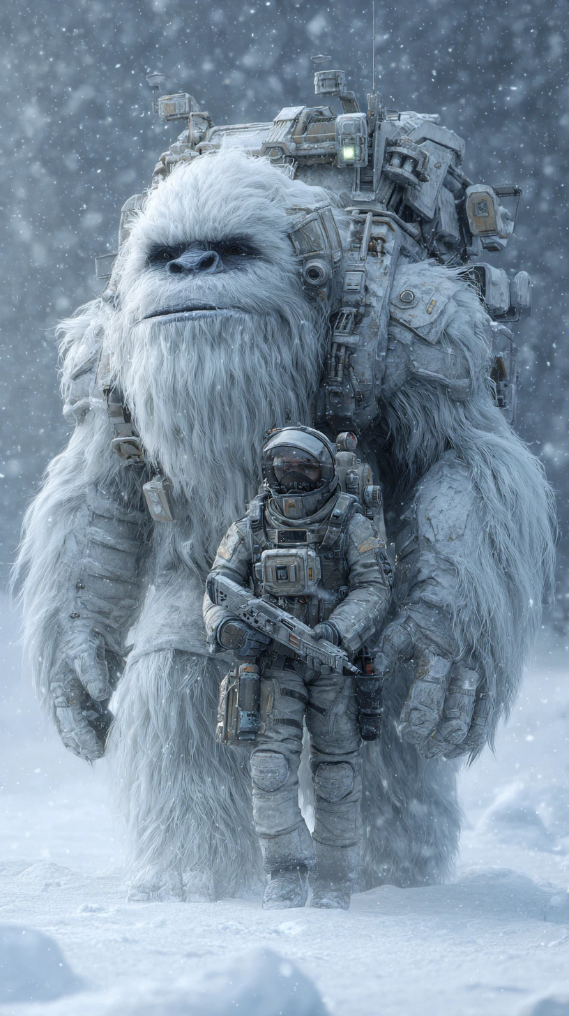 Yeti branco cibernético blindado com companheiro mergulhador do núcleo humano