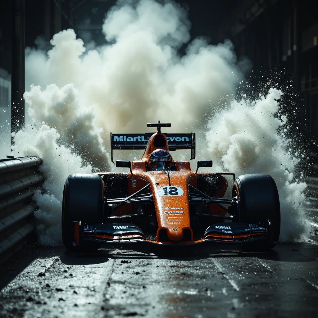 Cinematic crash of a formula race car hitting the barrier
