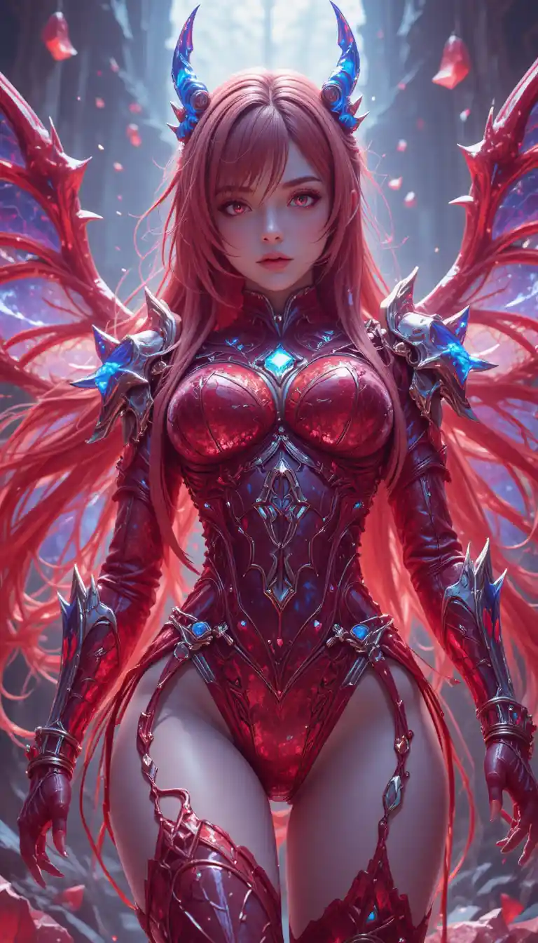 Anime warrior woman with crystal armor and wings