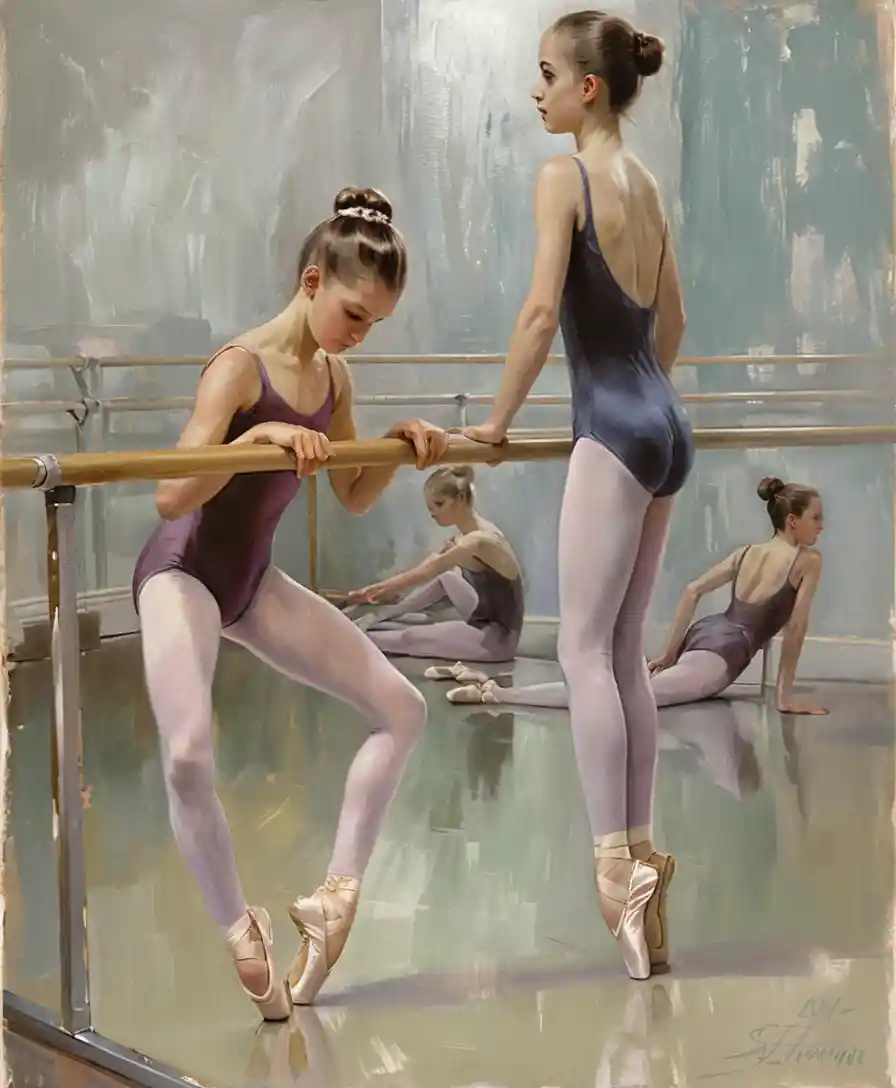 Jóvenes bailarinas alineadas en la barra del estudio