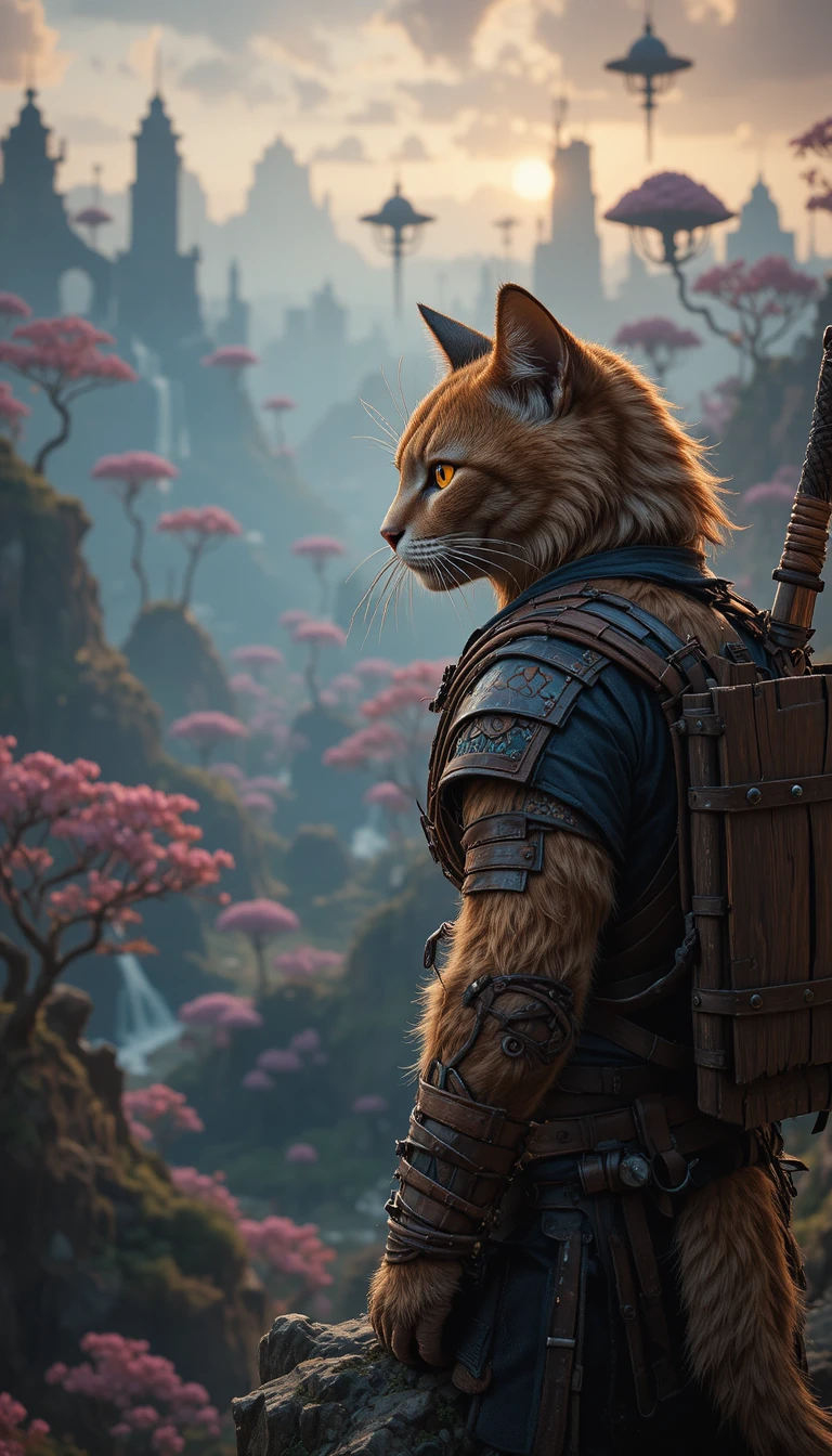 Guerreiro felino blindado em um penhasco ao pôr do sol