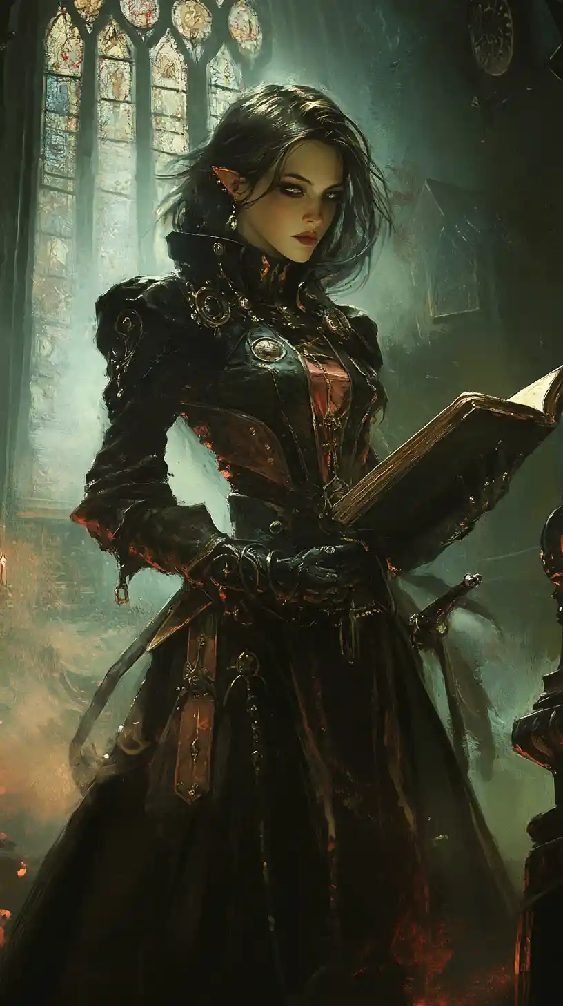 Sacerdotessa vampira in una strada steampunk avvolta dalla nebbia di notte