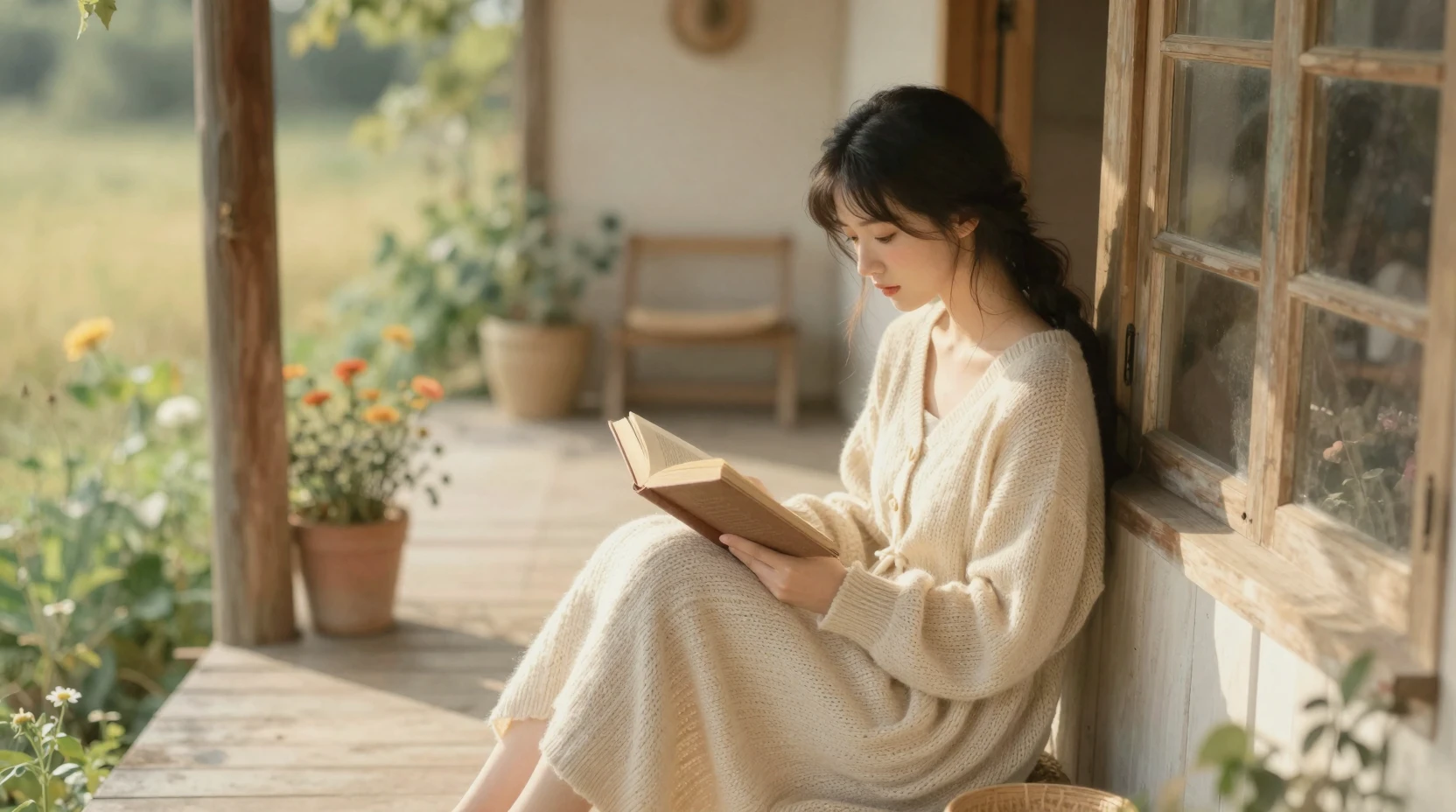 Young woman reading on a rustic sunlit porch