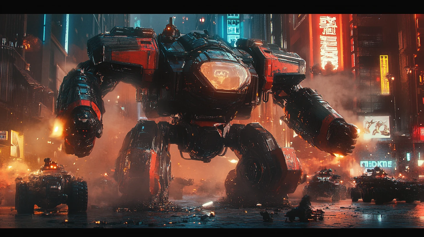 Gepanzerter Sci‑Fi‑Mech zerquetscht Alien-Streitkräfte in Stadtstraßen