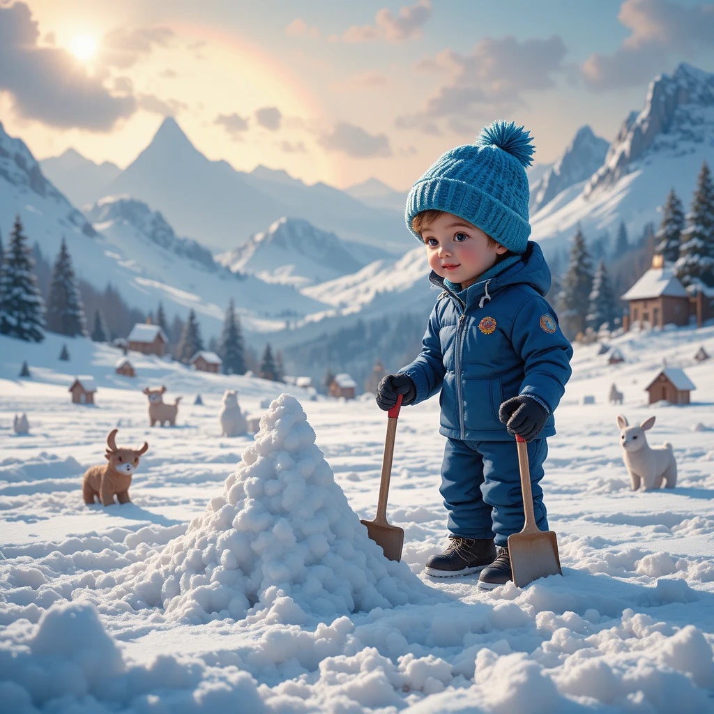 Little boy playing in a magical winter playground