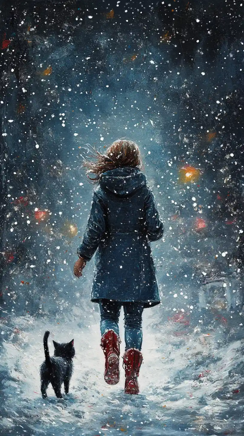 Mujer gata caminando bajo la nieve y un cielo surrealista