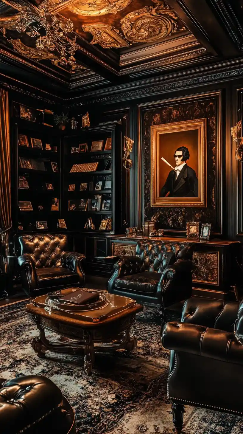 Luxurious dark cigar lounge with opulent interior design