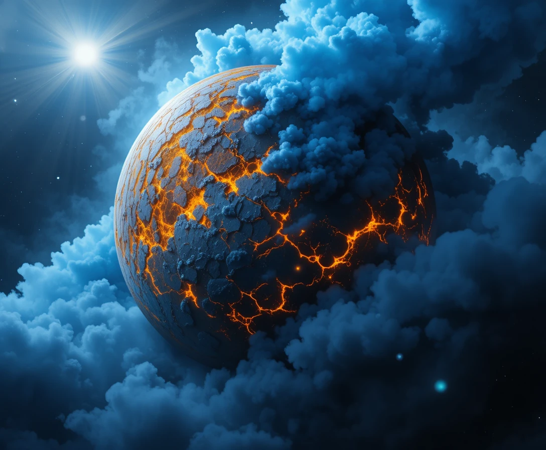 Alien-Planet mit gelben Lavaflüssen und blauer Rauchwolke