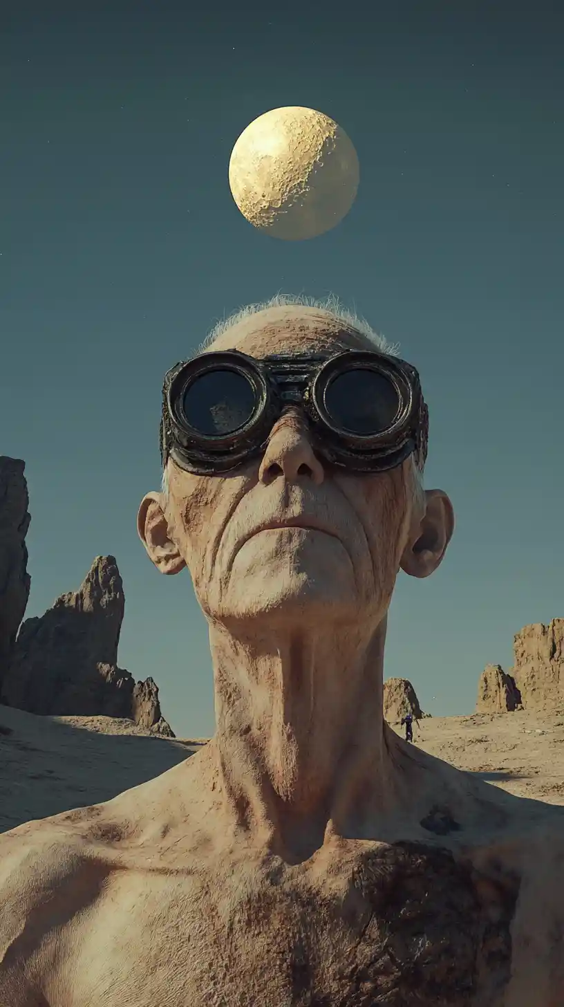 Viandante calvo nel deserto sotto una piccola luna con equipaggiamento sci-fi