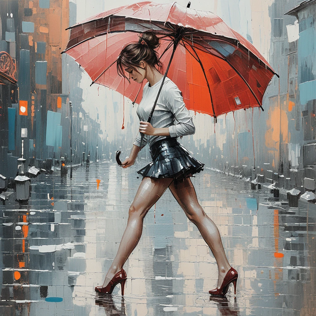 Mulher elegante com guarda-chuva vermelho em rua chuvosa da cidade