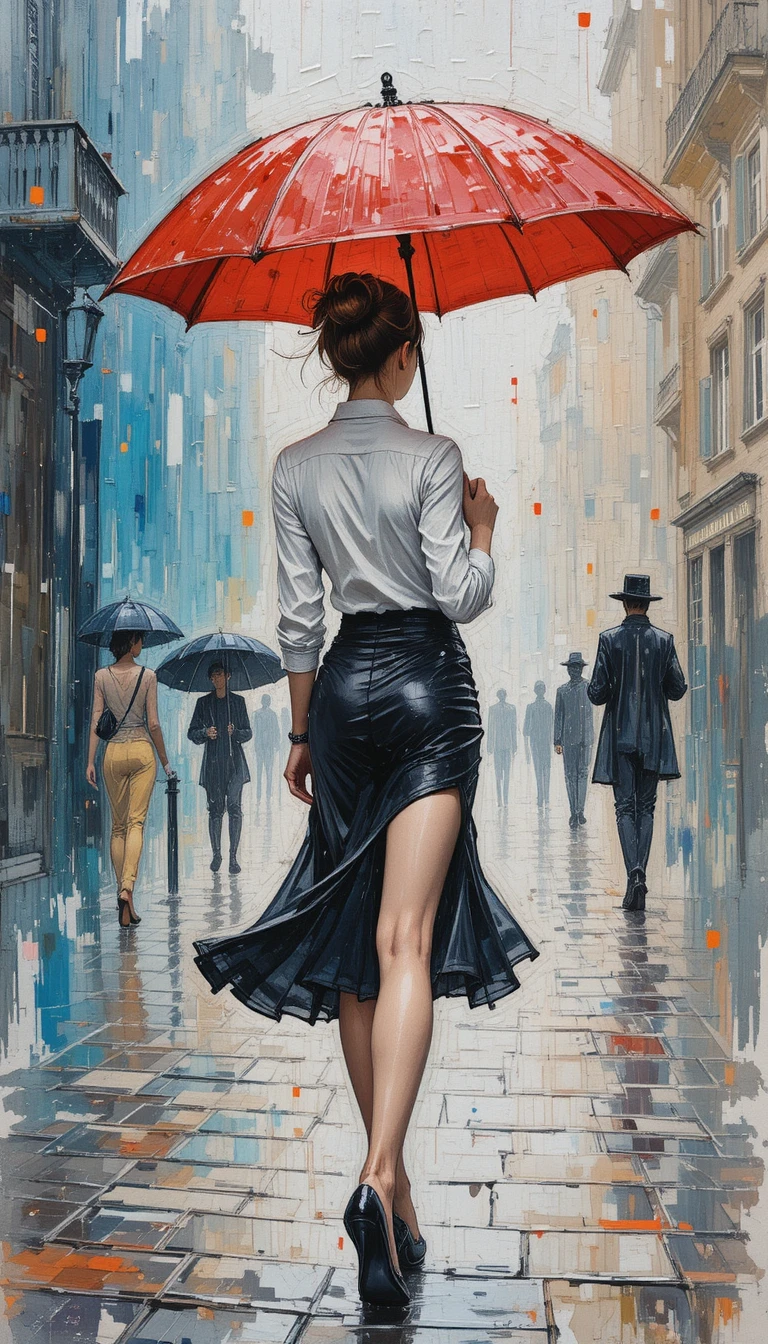 Mulher elegante com guarda-chuva vermelho em rua chuvosa da cidade