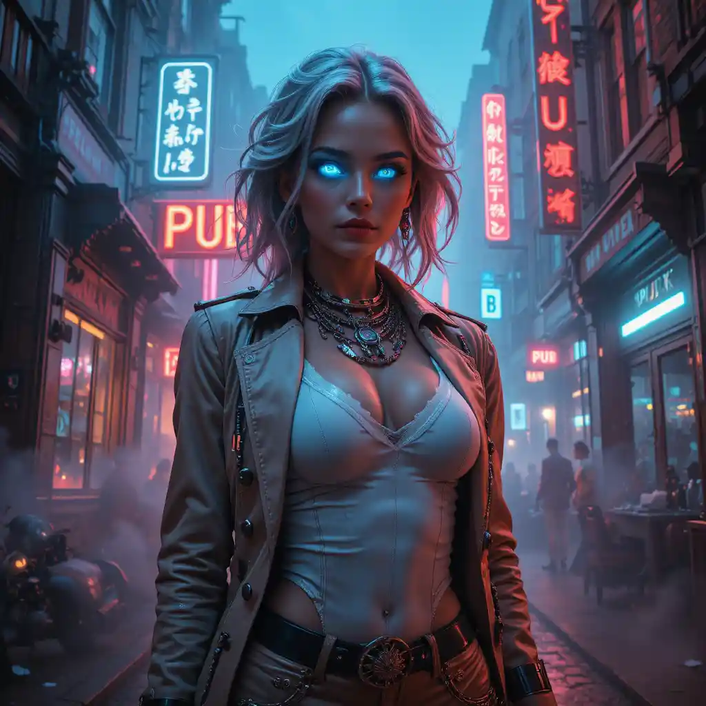 Femme fatale in neon fog between city street and pub