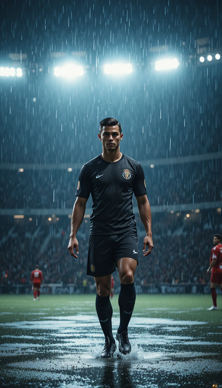 Soccer athlete training alone in heavy night rain