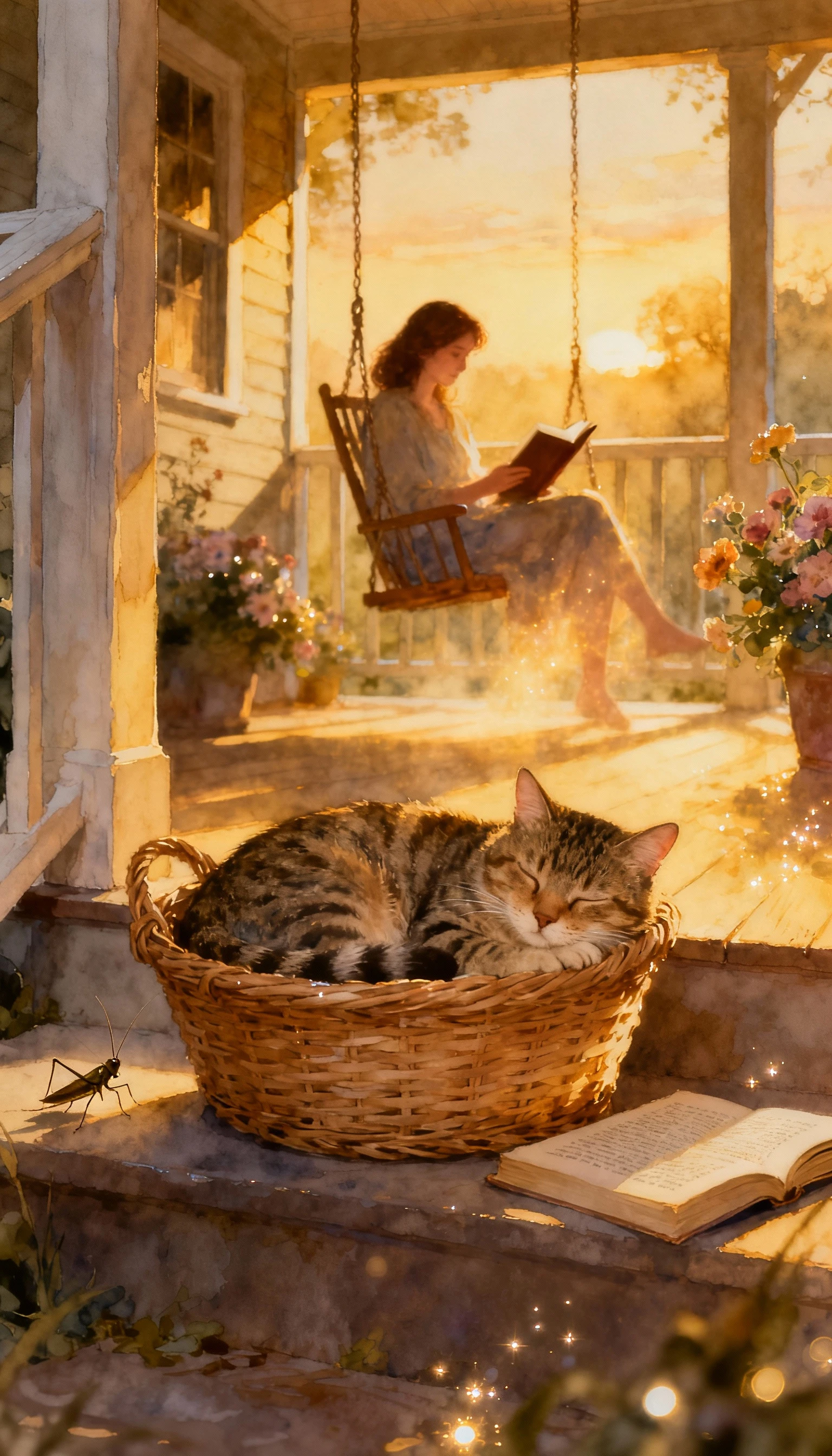 Tabby cat sleeping in a wicker basket at sunset
