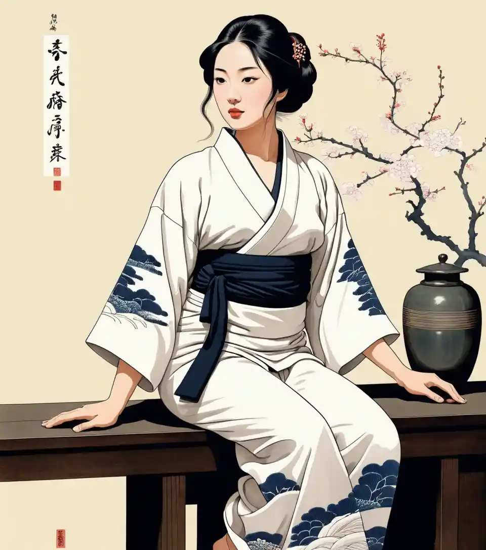 Vietnamese woman in silk yukata in minimalist interior